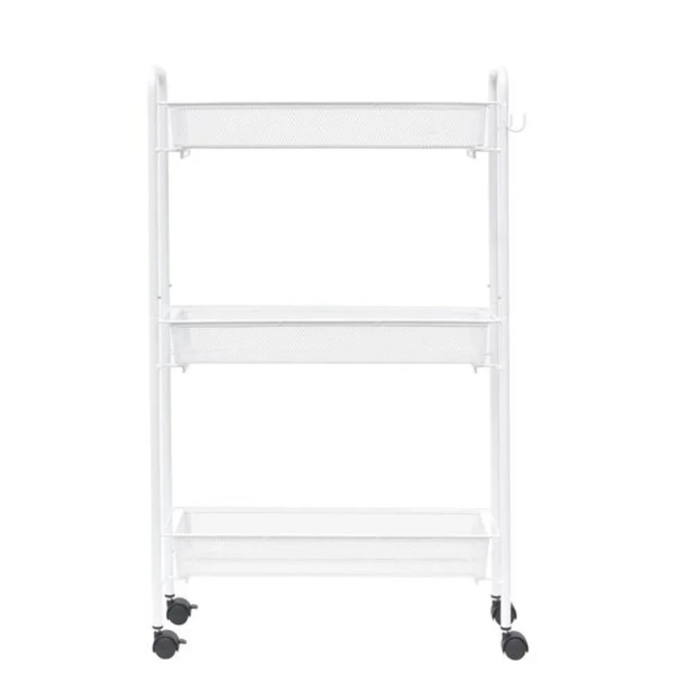 Slim 3-Tier Rolling Bathroom Storage Cart with Hooks, White